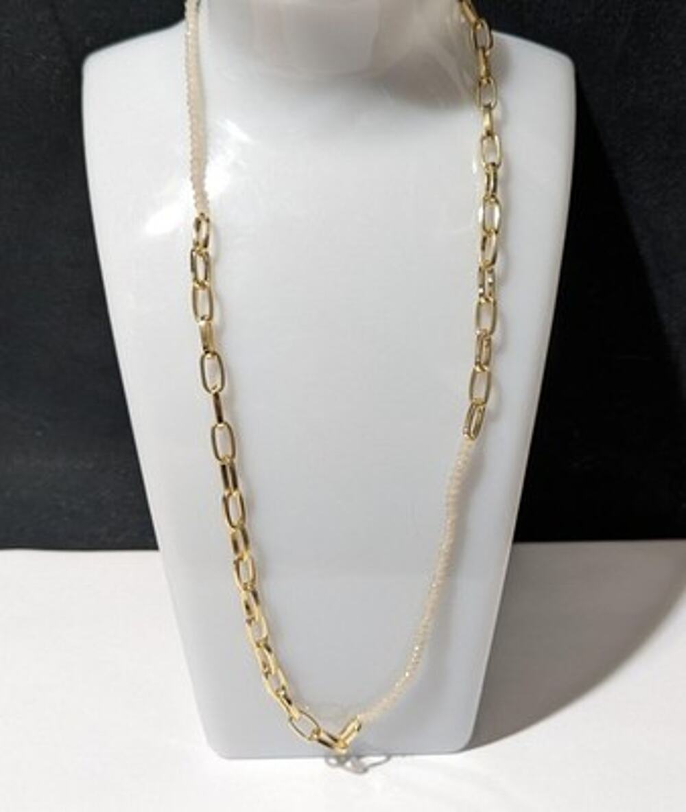 Marlyn Schiff Beaded Paperclip Chain Necklace Gold Tone White Faceted Beads NWOT